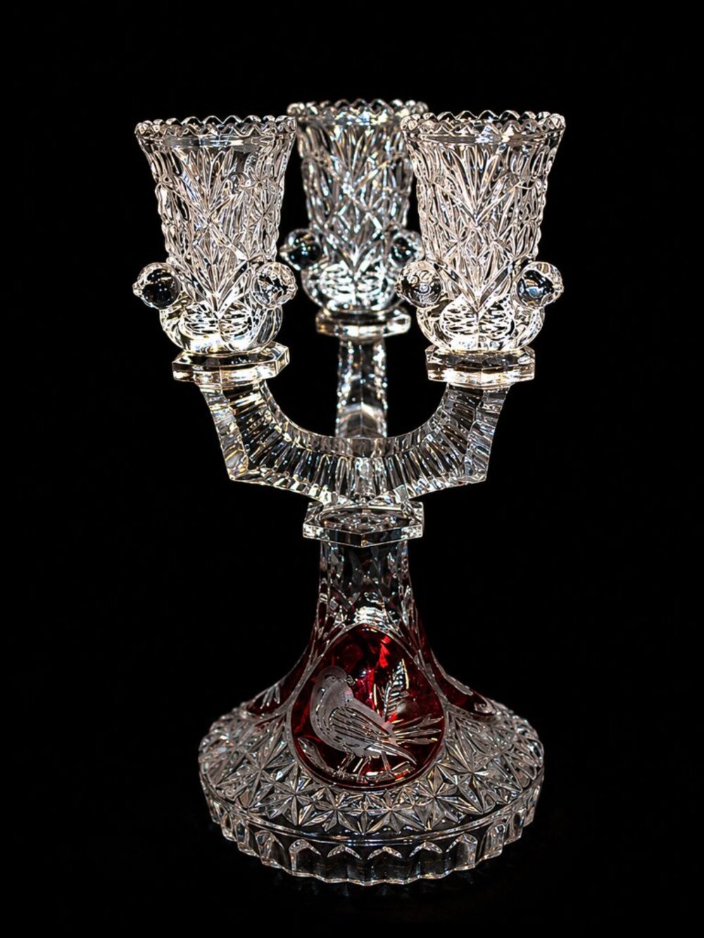 Hofbauer Byrdes Ruby Flash Crystal 3 Arm Candelabrum Cut‑to‑Clear Birds